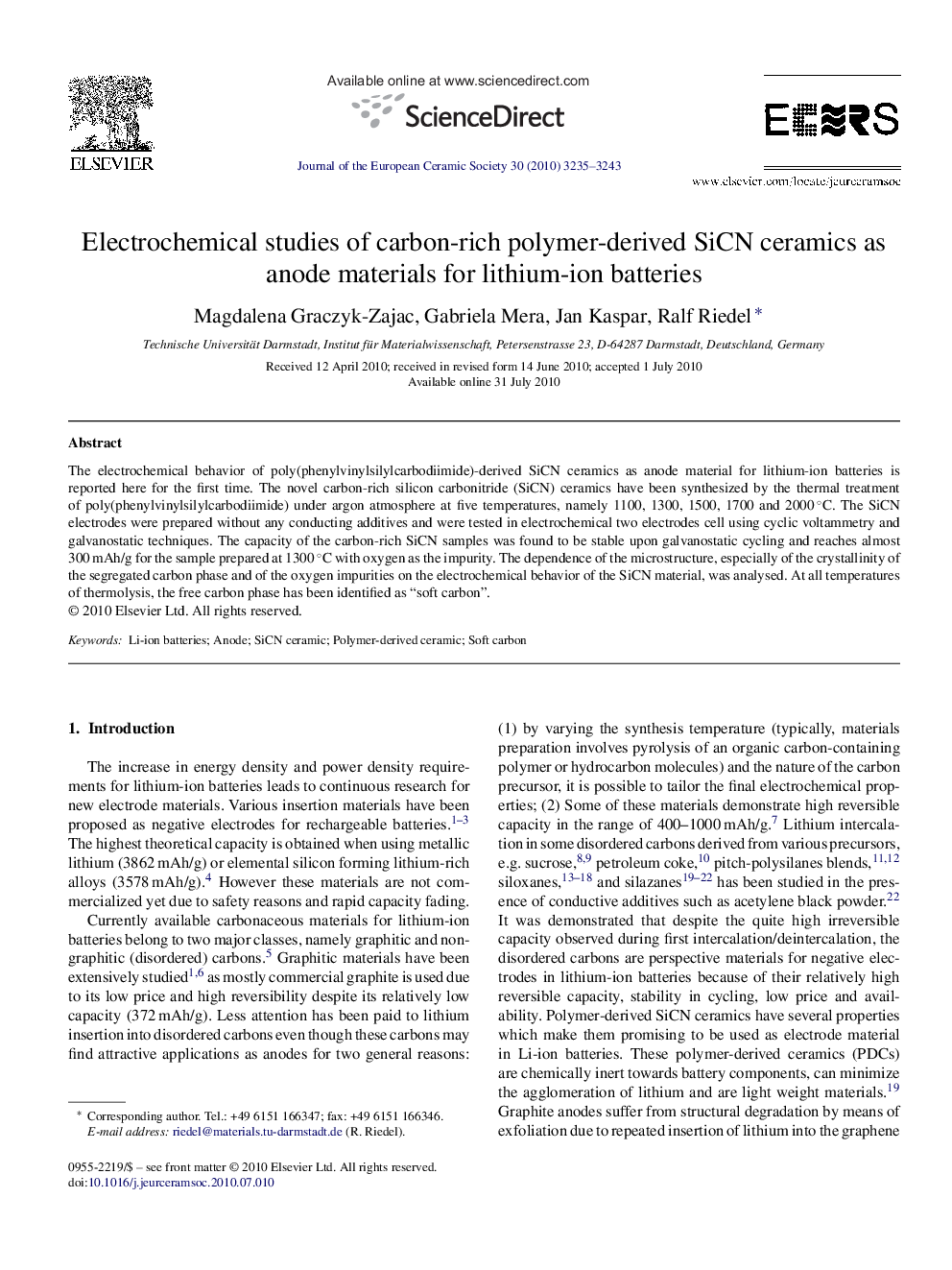 Electrochemical studies of carbon-rich polymer-derived SiCN ceramics as anode materials for lithium-ion batteries