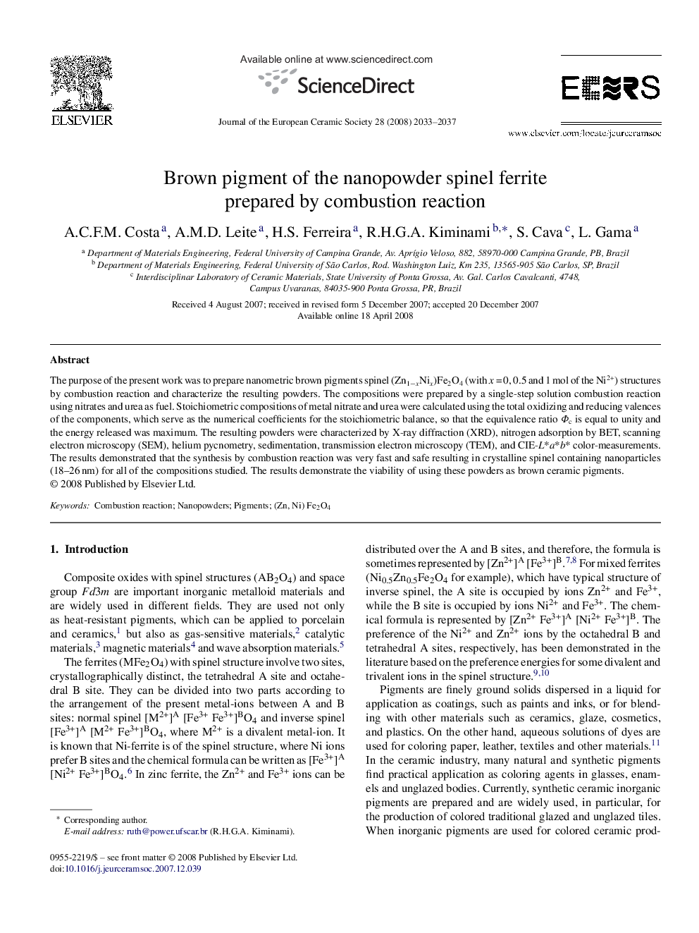 Brown pigment of the nanopowder spinel ferrite prepared by combustion reaction