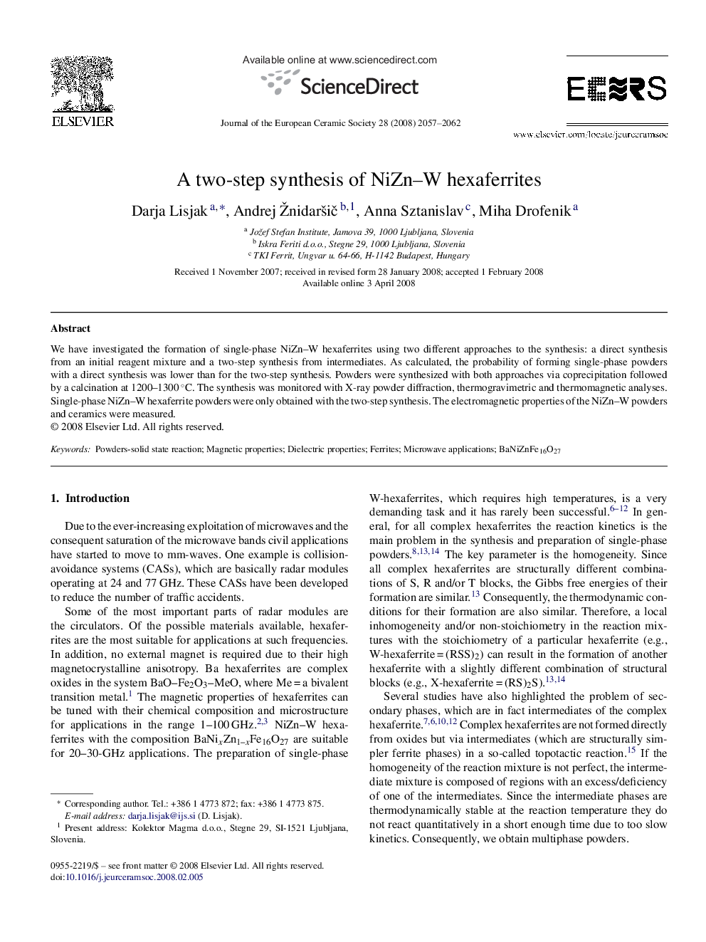 A two-step synthesis of NiZn–W hexaferrites