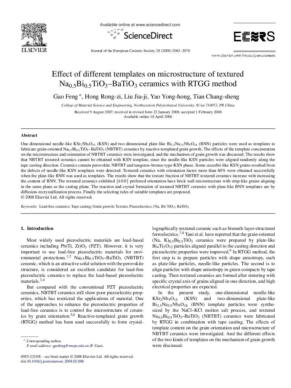 Effect of different templates on microstructure of textured Na0.5Bi0.5TiO3–BaTiO3 ceramics with RTGG method