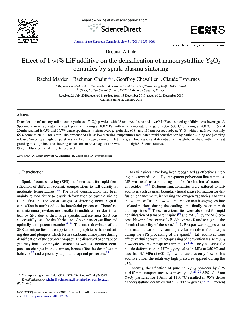 Effect of 1 wt% LiF additive on the densification of nanocrystalline Y2O3 ceramics by spark plasma sintering