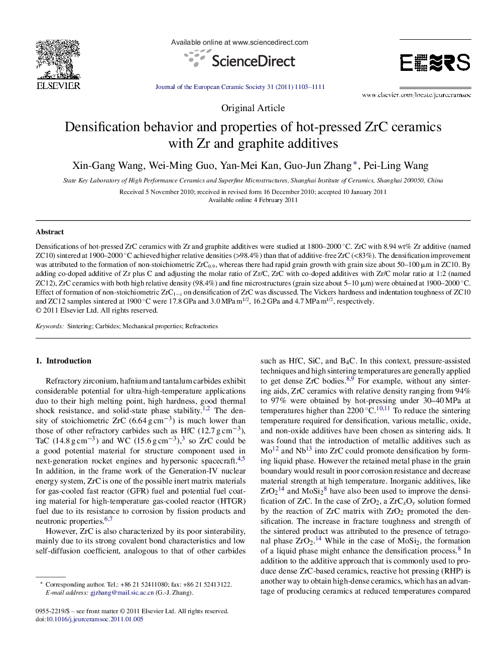 Densification behavior and properties of hot-pressed ZrC ceramics with Zr and graphite additives