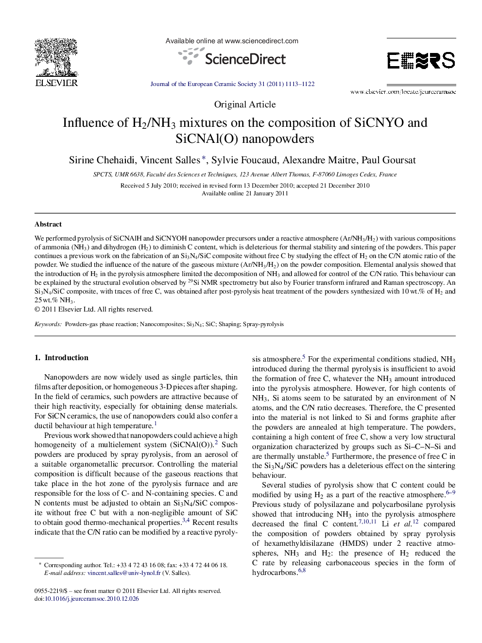 Influence of H2/NH3 mixtures on the composition of SiCNYO and SiCNAl(O) nanopowders