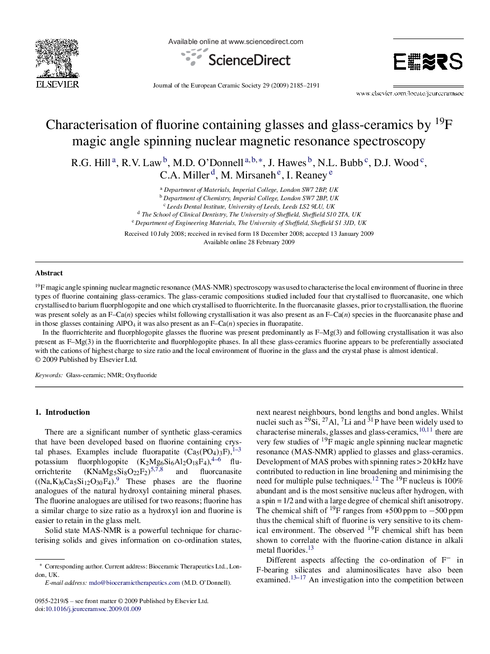 Characterisation of fluorine containing glasses and glass-ceramics by 19F magic angle spinning nuclear magnetic resonance spectroscopy