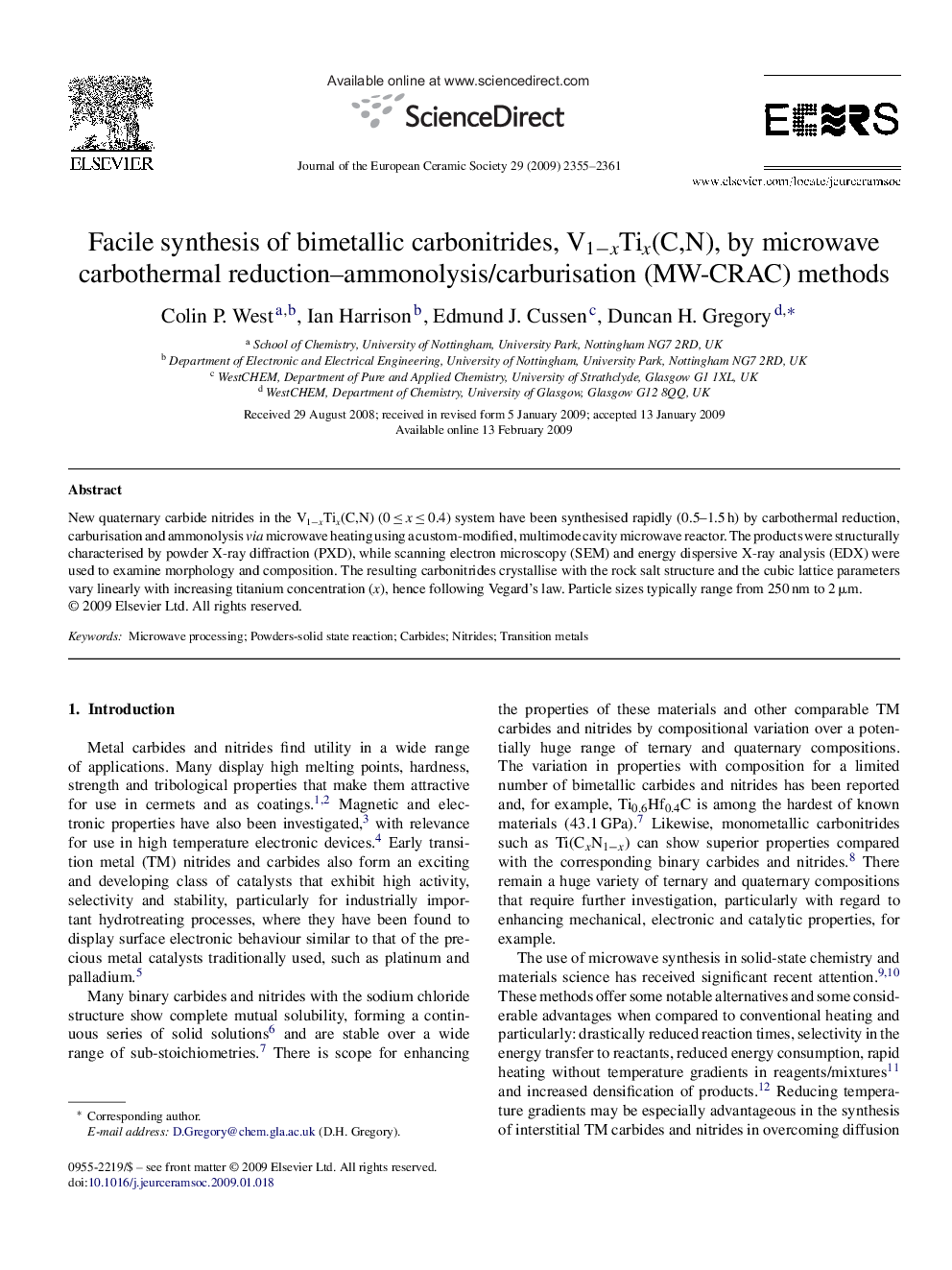 Facile synthesis of bimetallic carbonitrides, V1âxTix(C,N), by microwave carbothermal reduction-ammonolysis/carburisation (MW-CRAC) methods