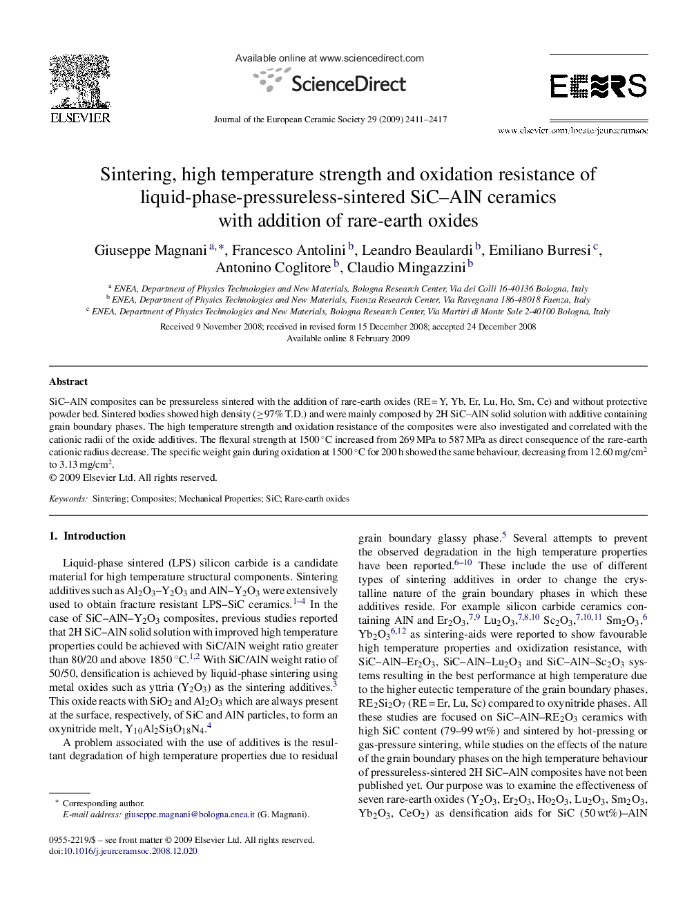 Sintering, high temperature strength and oxidation resistance of liquid-phase-pressureless-sintered SiC–AlN ceramics with addition of rare-earth oxides