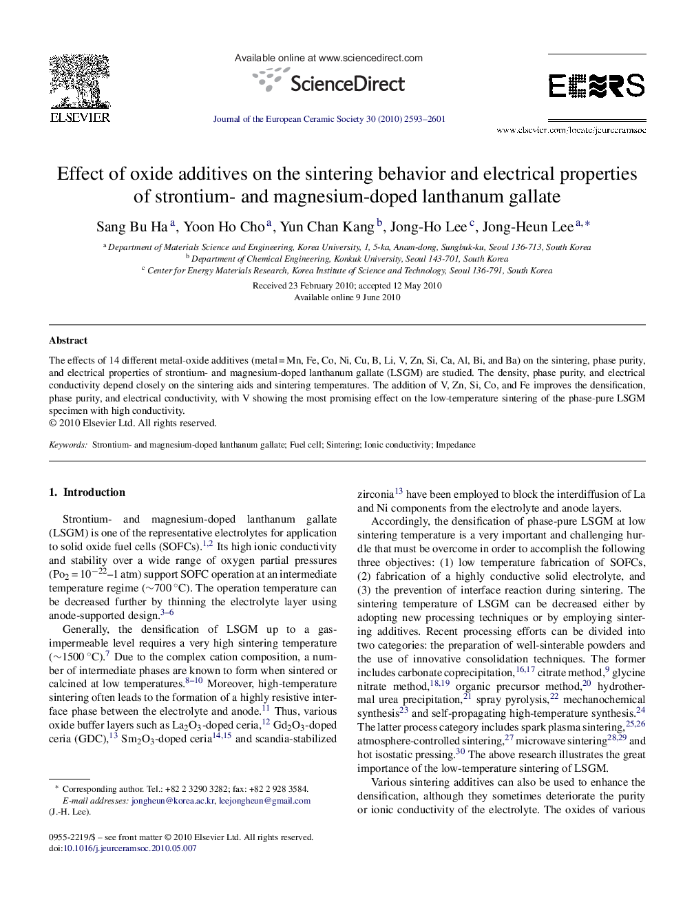 Effect of oxide additives on the sintering behavior and electrical properties of strontium- and magnesium-doped lanthanum gallate