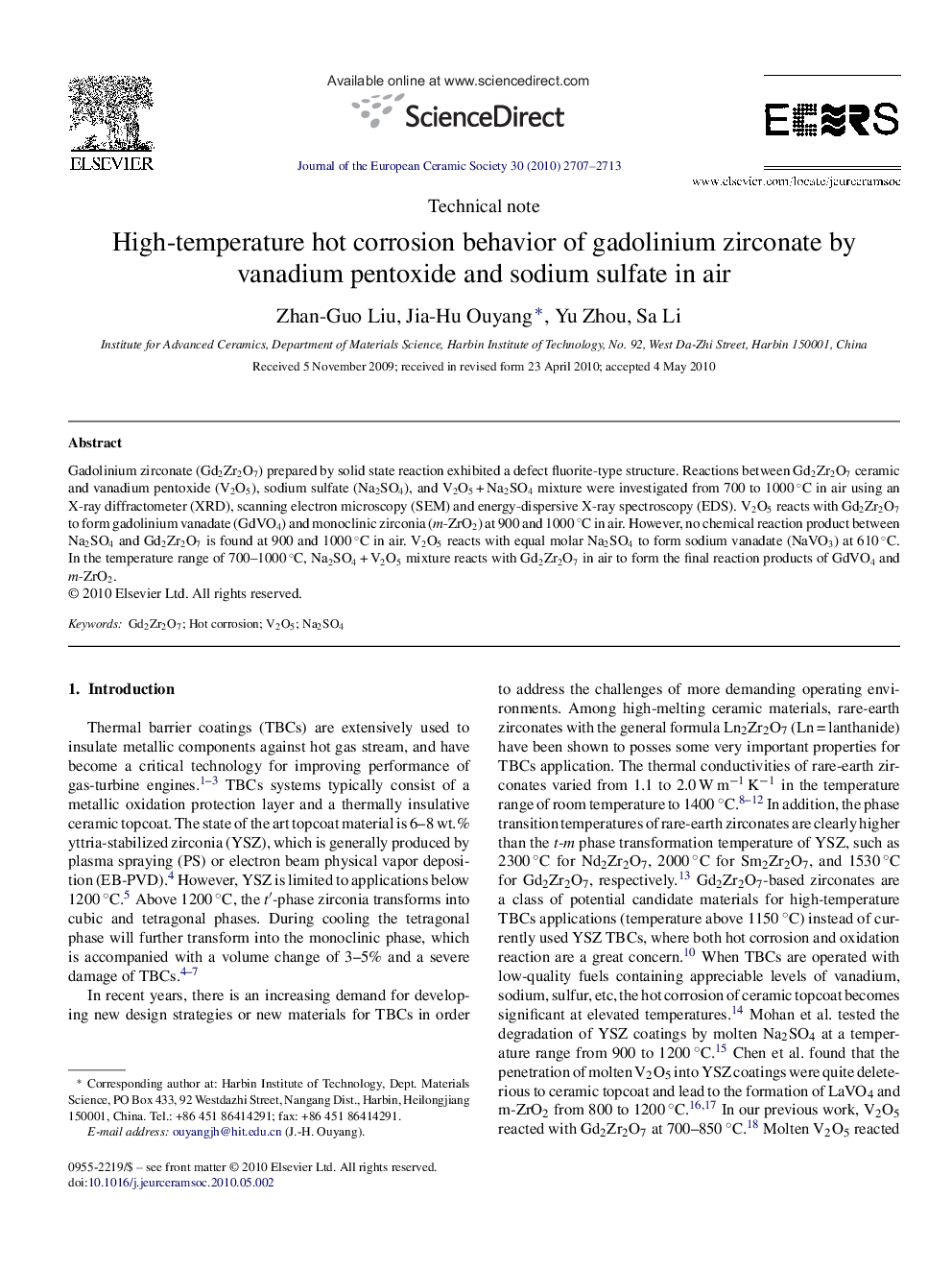 High-temperature hot corrosion behavior of gadolinium zirconate by vanadium pentoxide and sodium sulfate in air