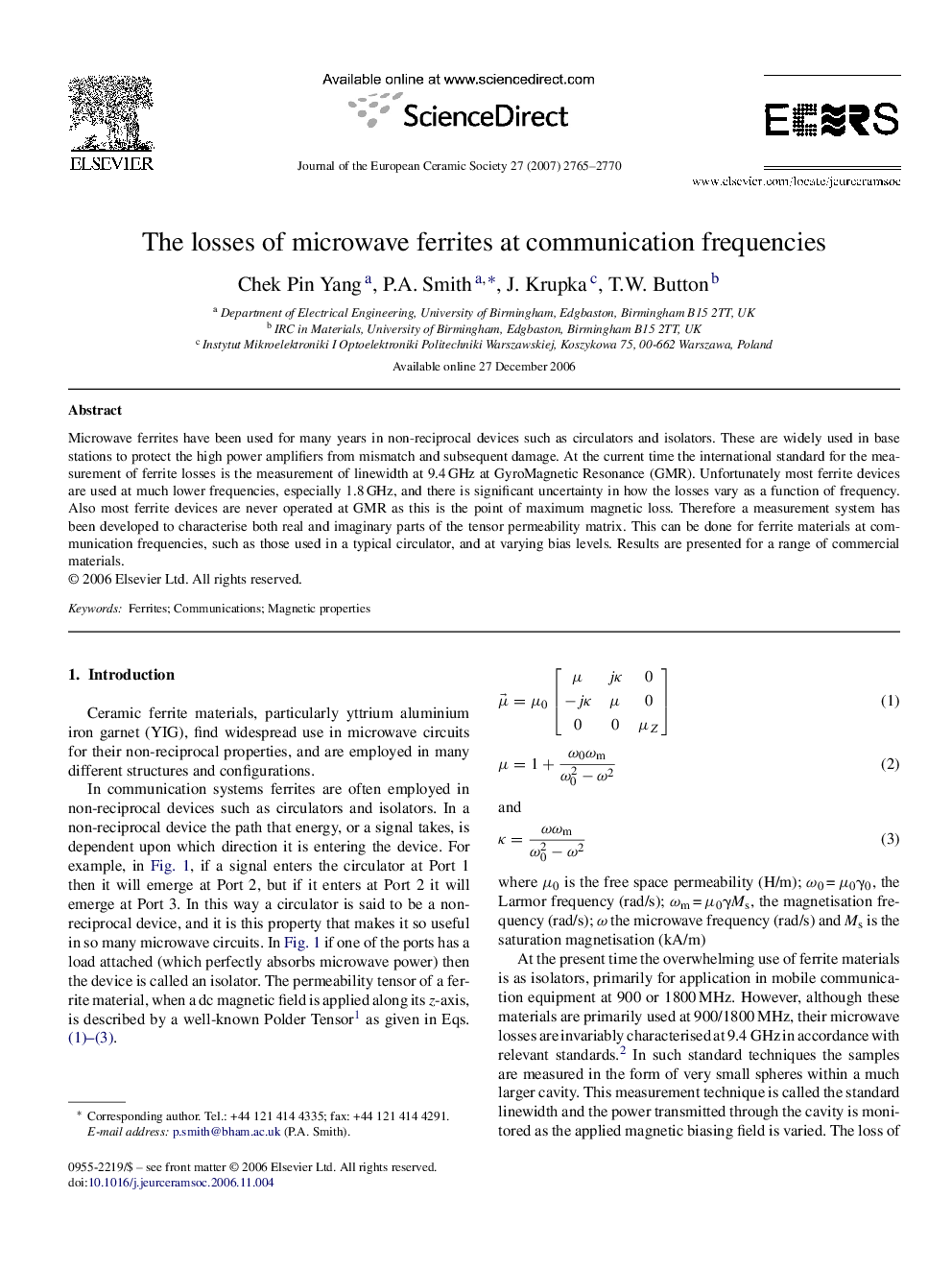 The losses of microwave ferrites at communication frequencies