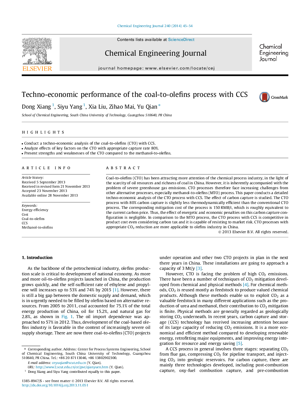 Techno-economic performance of the coal-to-olefins process with CCS