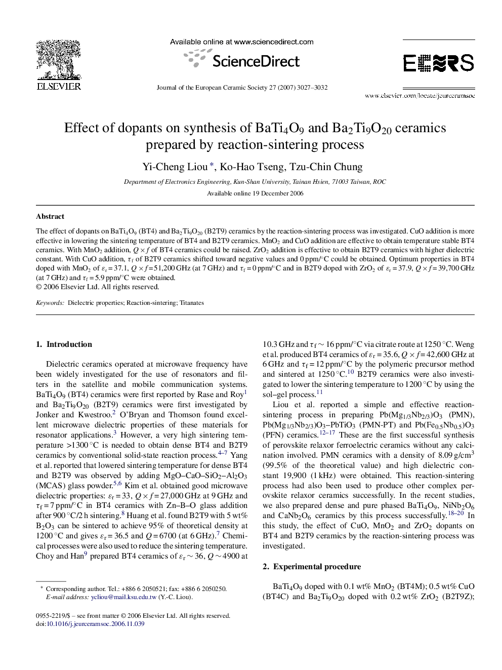 Effect of dopants on synthesis of BaTi4O9 and Ba2Ti9O20 ceramics prepared by reaction-sintering process