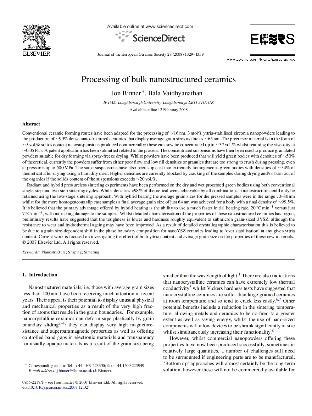 Processing of bulk nanostructured ceramics