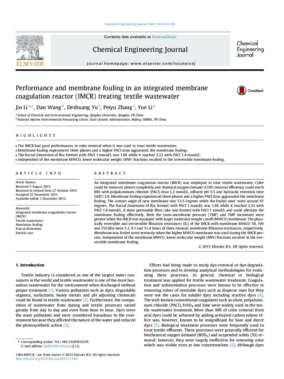 Performance and membrane fouling in an integrated membrane coagulation reactor (IMCR) treating textile wastewater