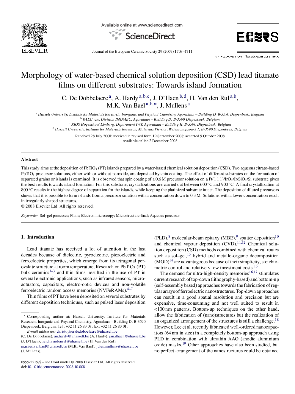 Morphology of water-based chemical solution deposition (CSD) lead titanate films on different substrates: Towards island formation