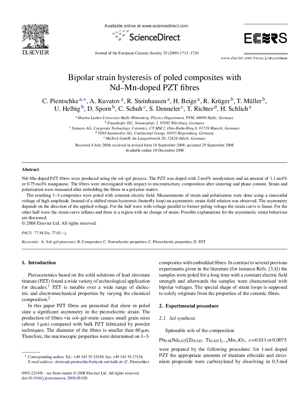 Bipolar strain hysteresis of poled composites with Nd-Mn-doped PZT fibres