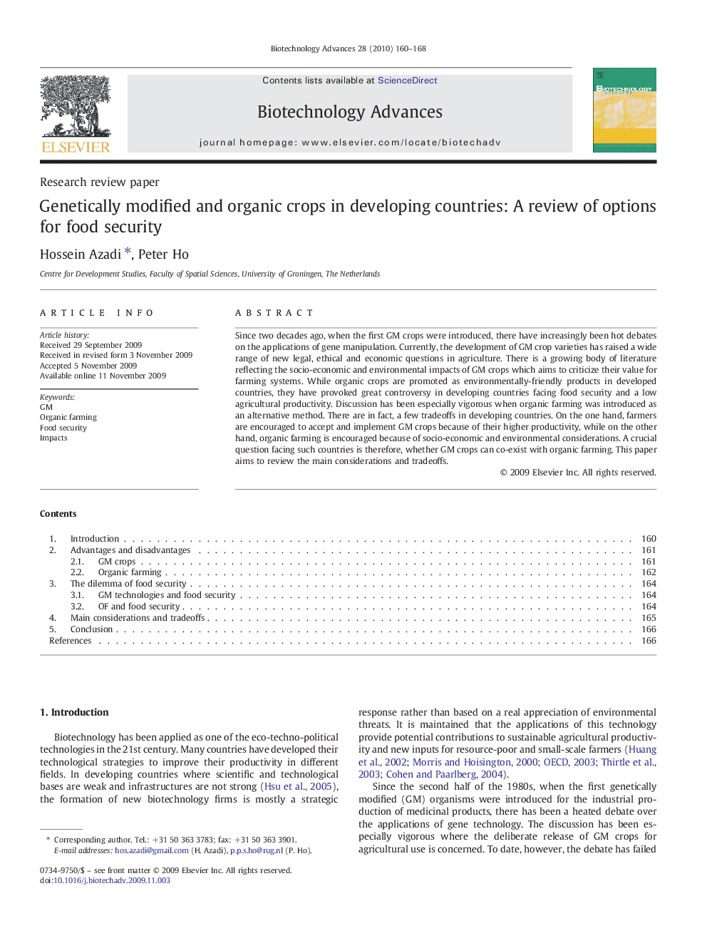 Genetically modified and organic crops in developing countries: A review of options for food security