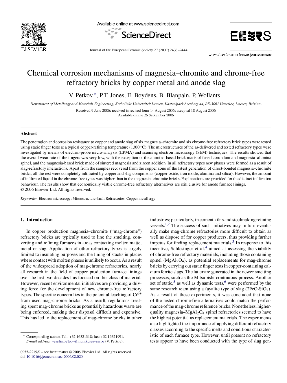 Chemical corrosion mechanisms of magnesia–chromite and chrome-free refractory bricks by copper metal and anode slag