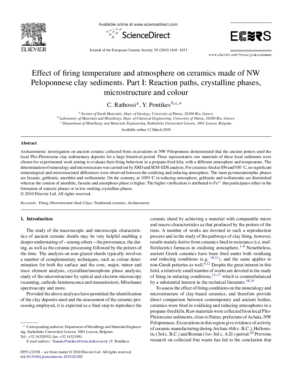 Effect of firing temperature and atmosphere on ceramics made of NW Peloponnese clay sediments. Part I: Reaction paths, crystalline phases, microstructure and colour