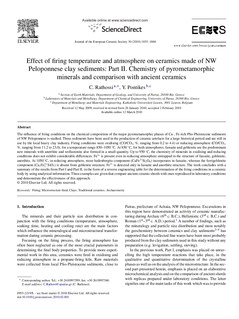 Effect of firing temperature and atmosphere on ceramics made of NW Peloponnese clay sediments: Part II. Chemistry of pyrometamorphic minerals and comparison with ancient ceramics