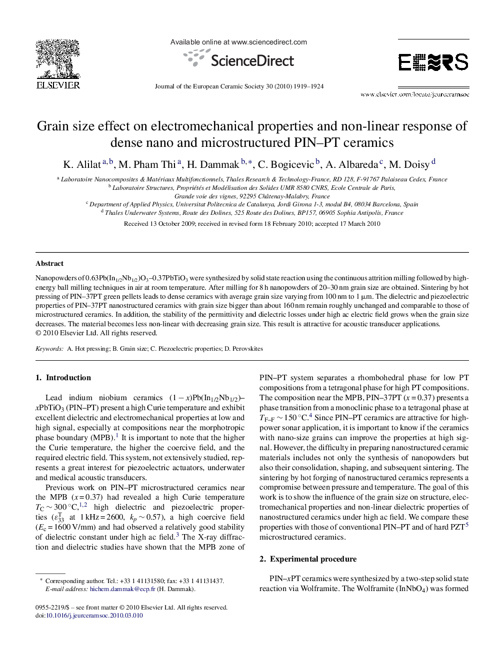 Grain size effect on electromechanical properties and non-linear response of dense nano and microstructured PIN–PT ceramics