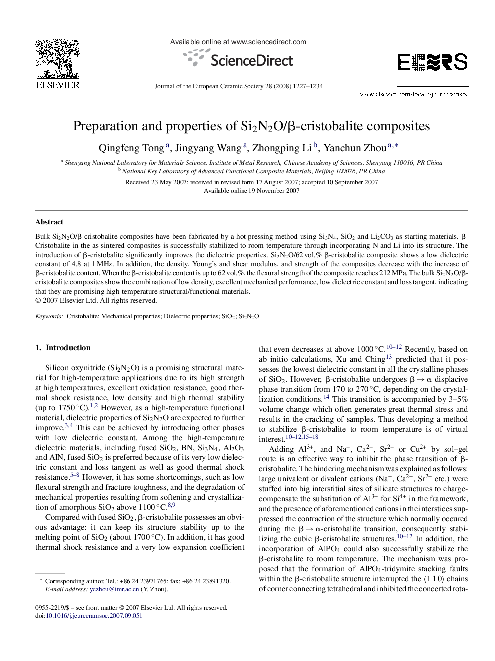 Preparation and properties of Si2N2O/β-cristobalite composites