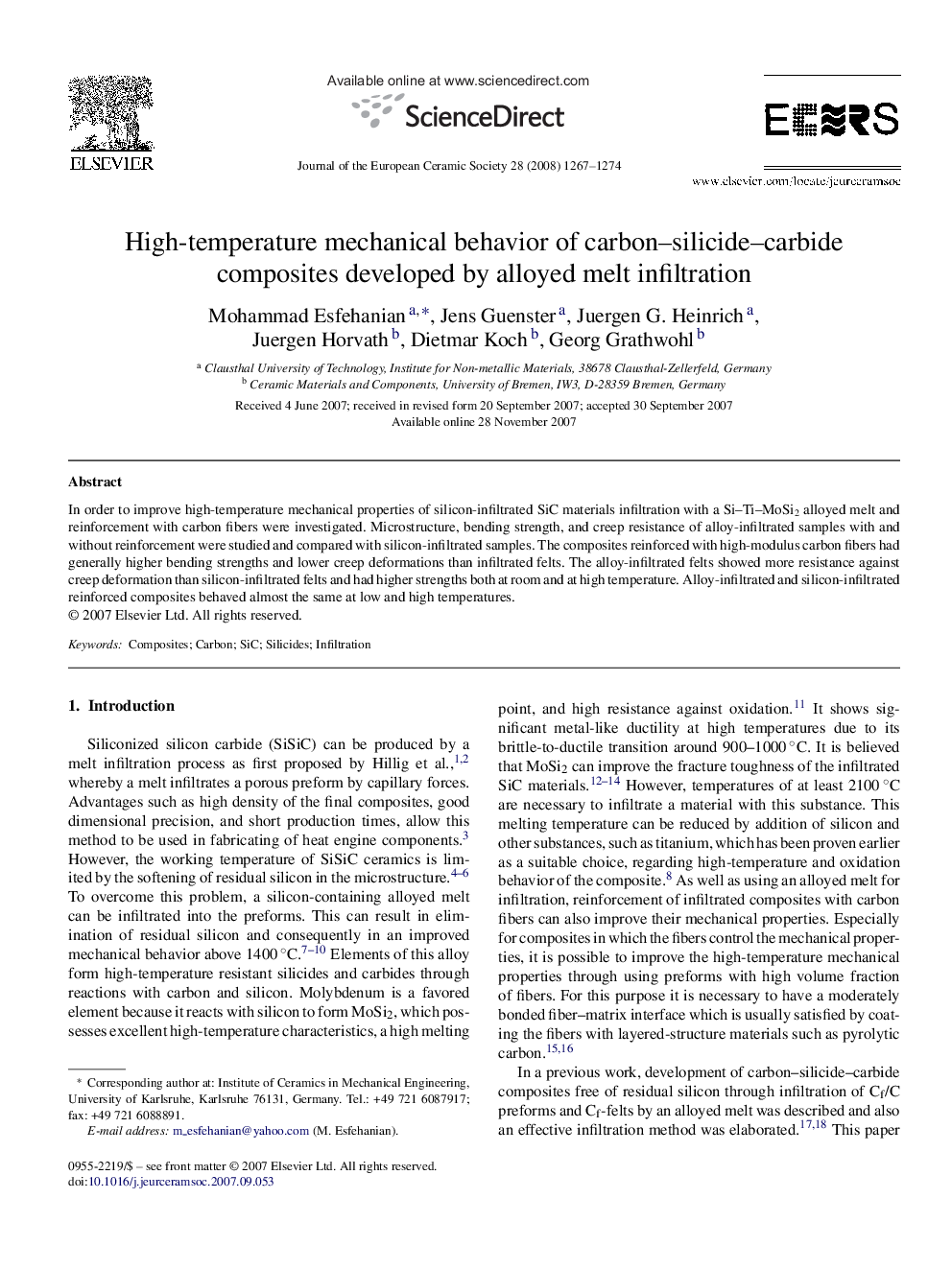 High-temperature mechanical behavior of carbon–silicide–carbide composites developed by alloyed melt infiltration