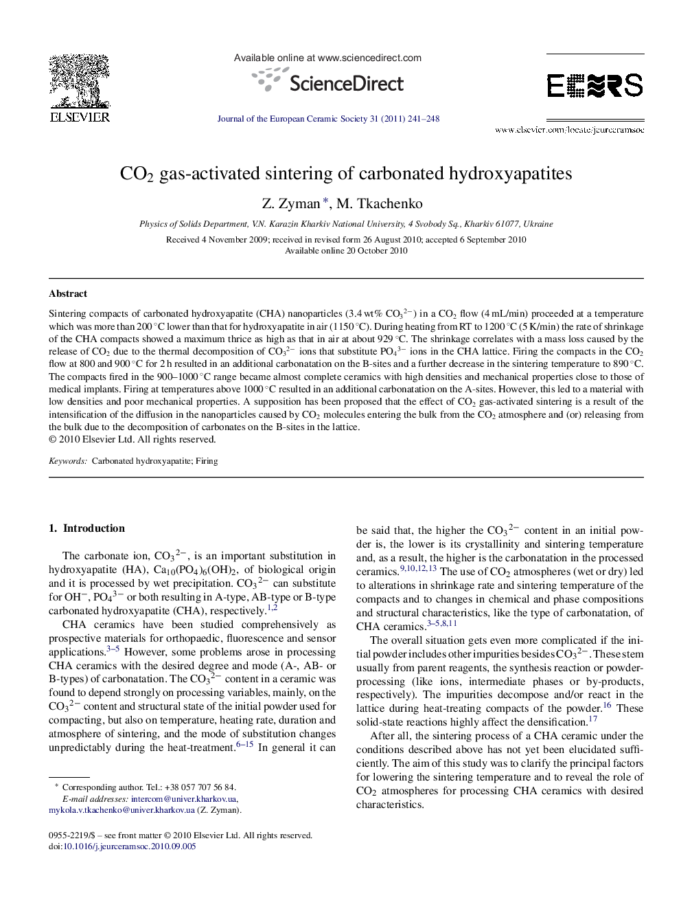 عکس صفحه اول مقاله: CO2 gas-activated sintering of carbonated hydroxyapatites CO2 gas-activated sintering of carbonated hydroxyapatites