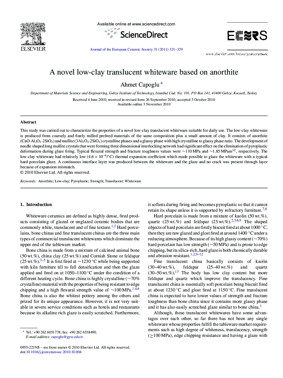 A novel low-clay translucent whiteware based on anorthite