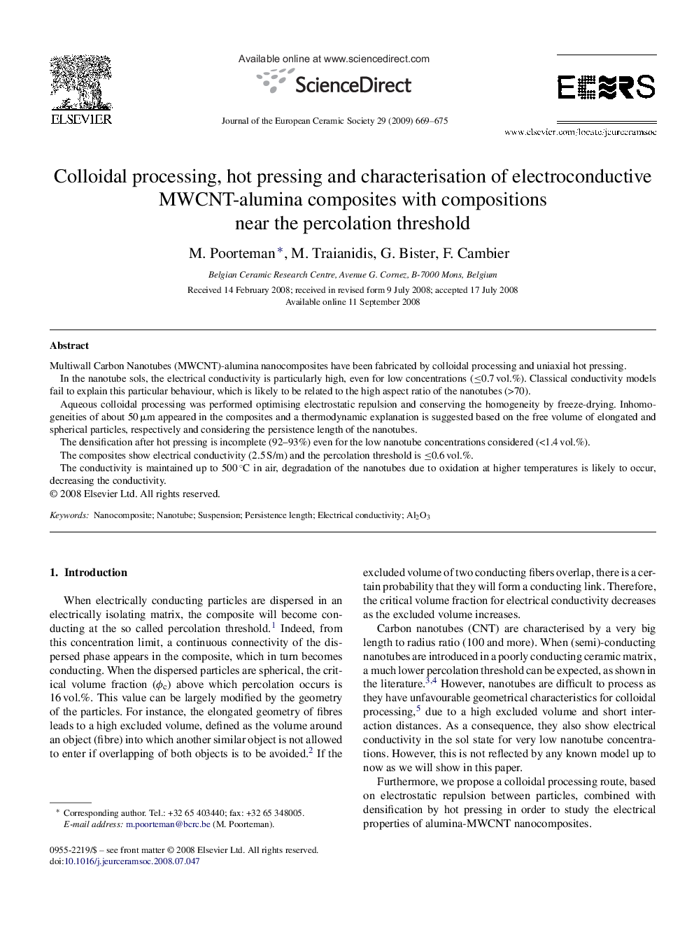 Colloidal processing, hot pressing and characterisation of electroconductive MWCNT-alumina composites with compositions near the percolation threshold