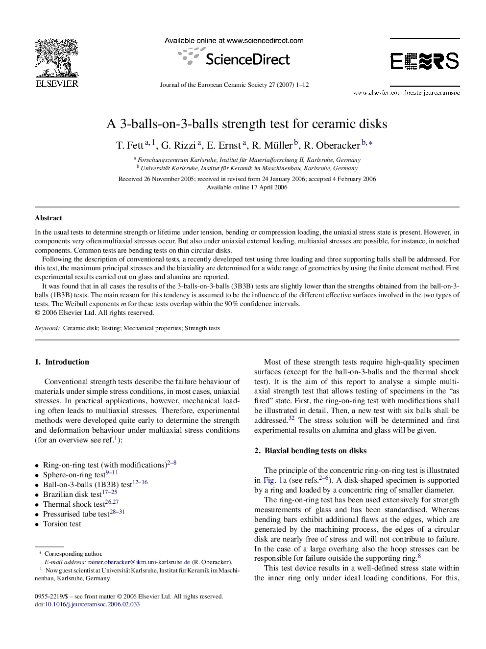 A 3-balls-on-3-balls strength test for ceramic disks