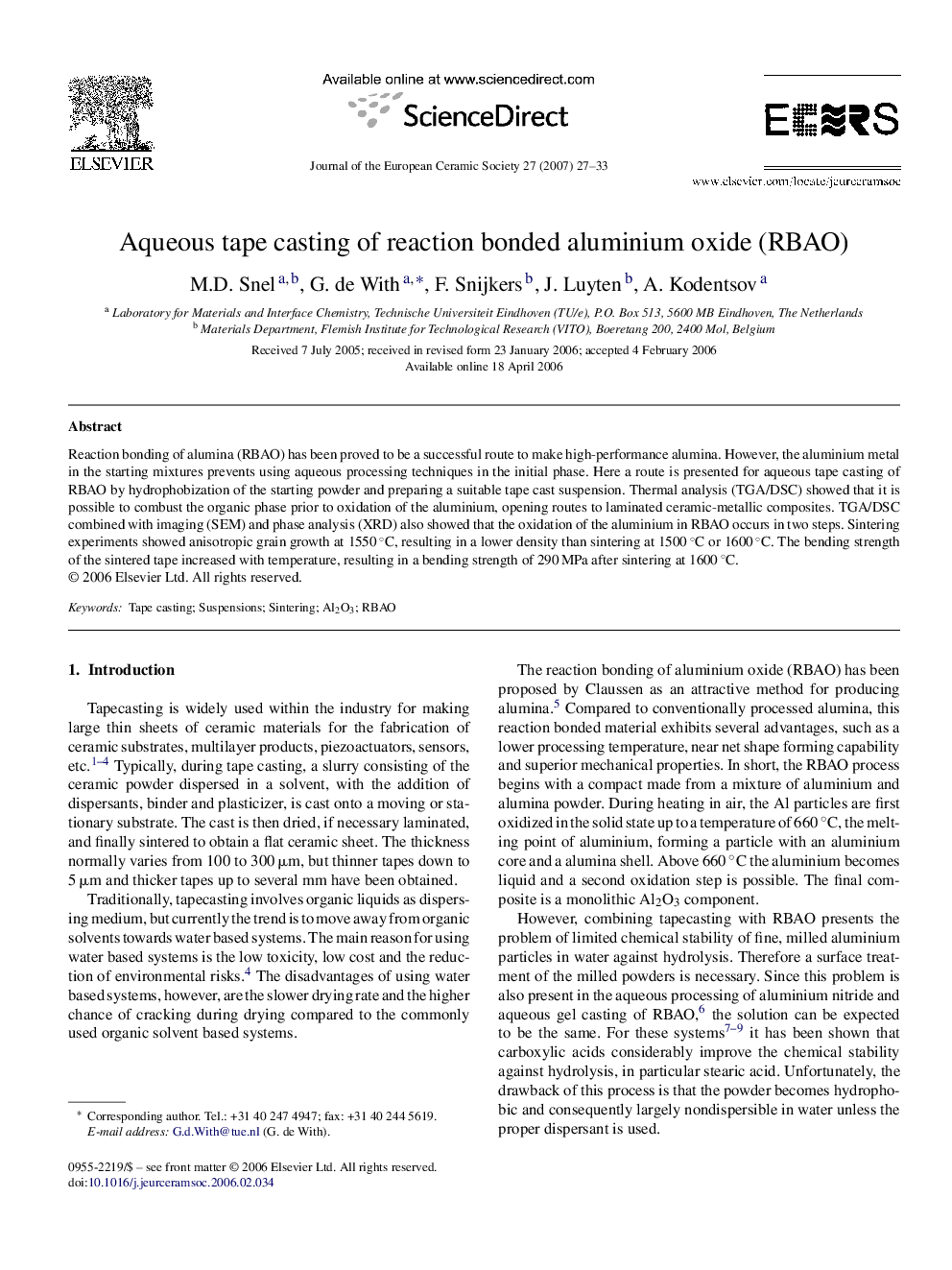 Aqueous tape casting of reaction bonded aluminium oxide (RBAO)