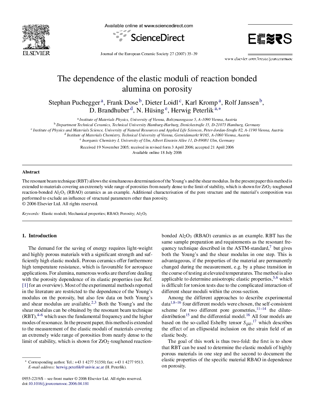 The dependence of the elastic moduli of reaction bonded alumina on porosity