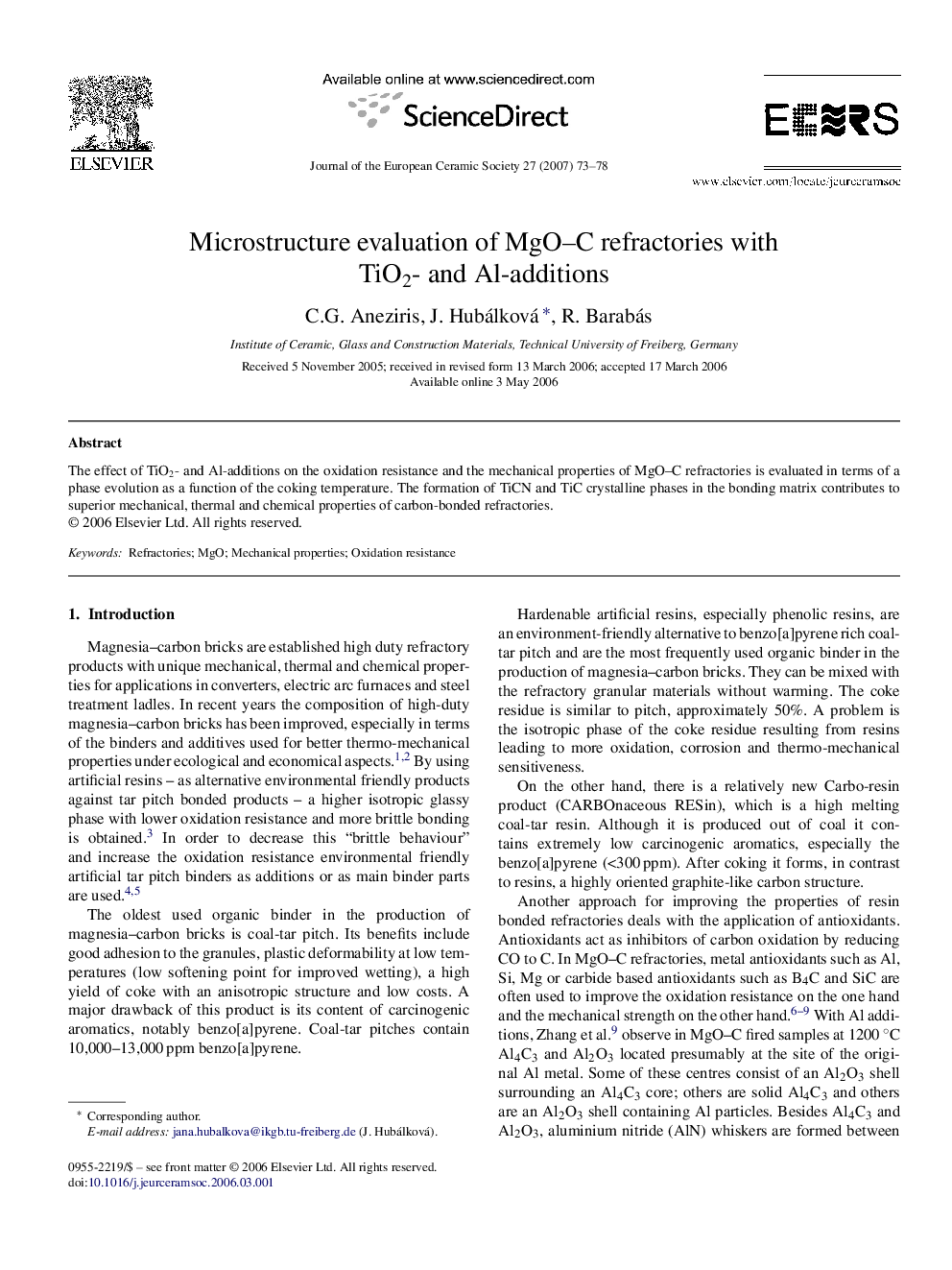 Microstructure evaluation of MgO–C refractories with TiO2- and Al-additions