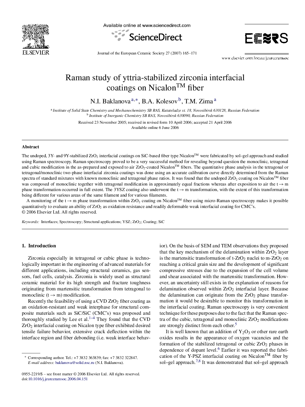 Raman study of yttria-stabilized zirconia interfacial coatings on Nicalon™ fiber