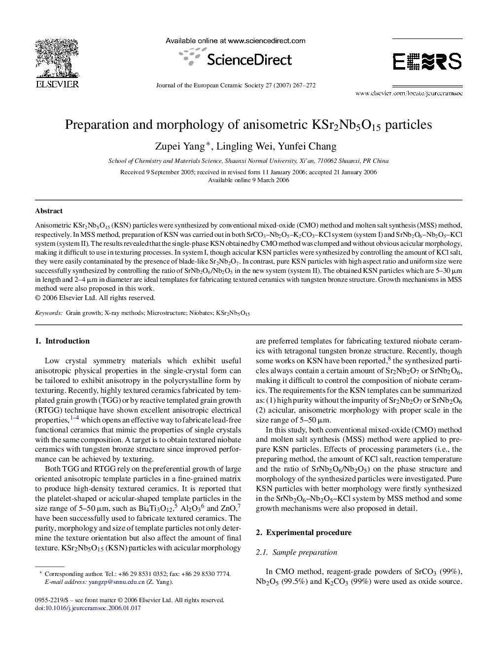 Preparation and morphology of anisometric KSr2Nb5O15 particles