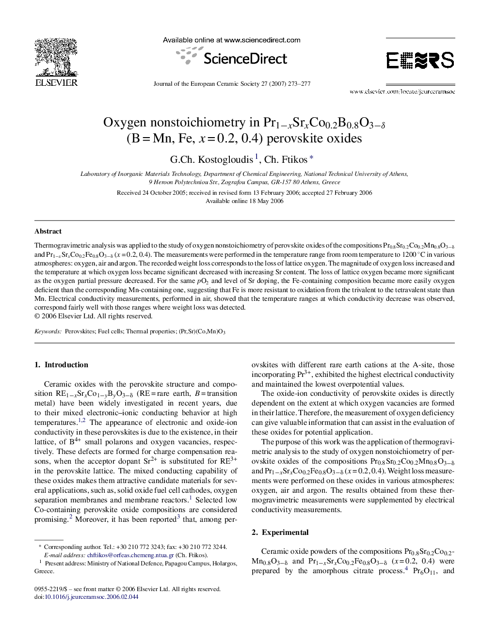 Oxygen nonstoichiometry in Pr1âxSrxCo0.2B0.8O3âÎ´ (BÂ =Â Mn, Fe, xÂ =Â 0.2, 0.4) perovskite oxides