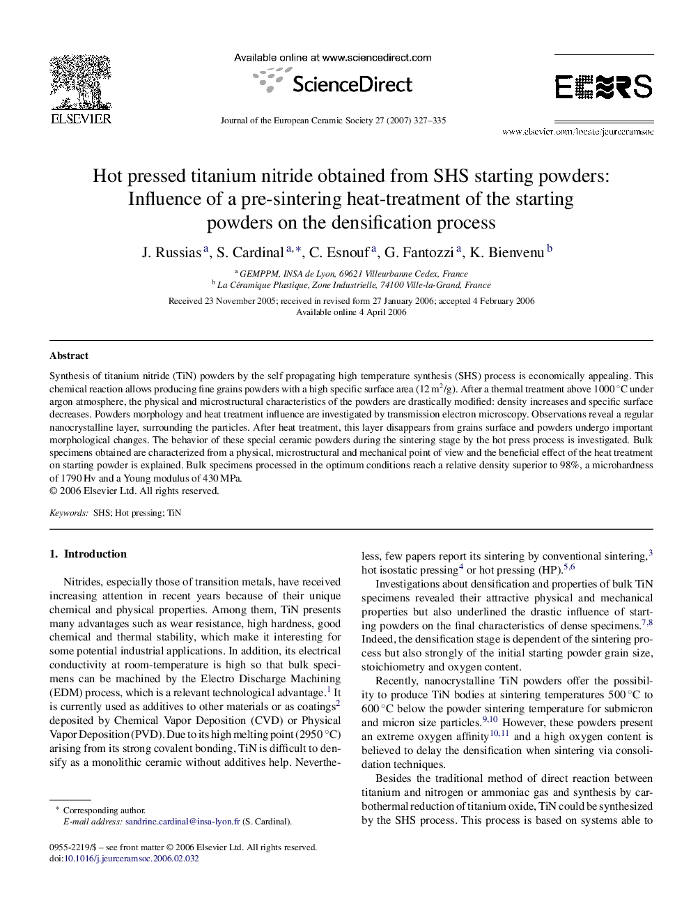 Hot pressed titanium nitride obtained from SHS starting powders: Influence of a pre-sintering heat-treatment of the starting powders on the densification process