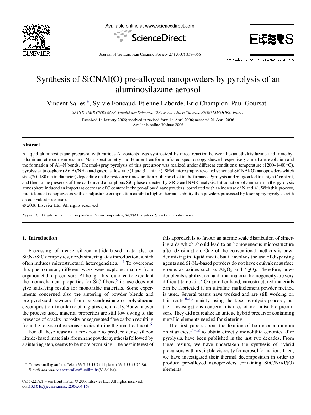 Synthesis of SiCNAl(O) pre-alloyed nanopowders by pyrolysis of an aluminosilazane aerosol
