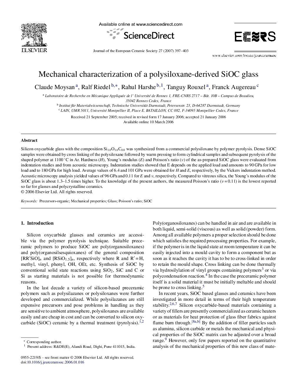 Mechanical characterization of a polysiloxane-derived SiOC glass