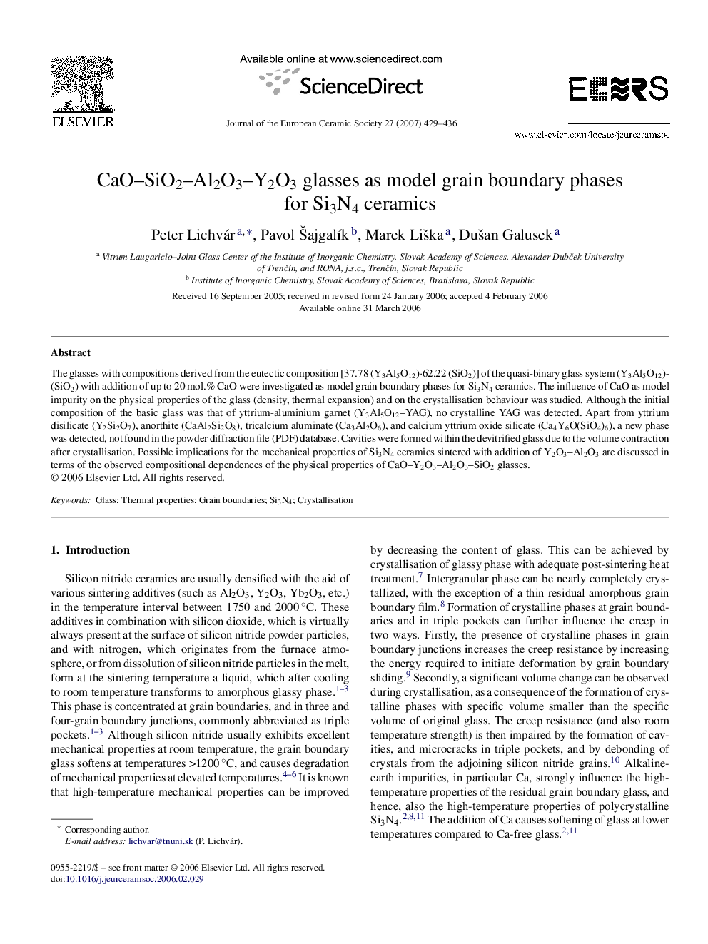CaO–SiO2–Al2O3–Y2O3 glasses as model grain boundary phases for Si3N4 ceramics