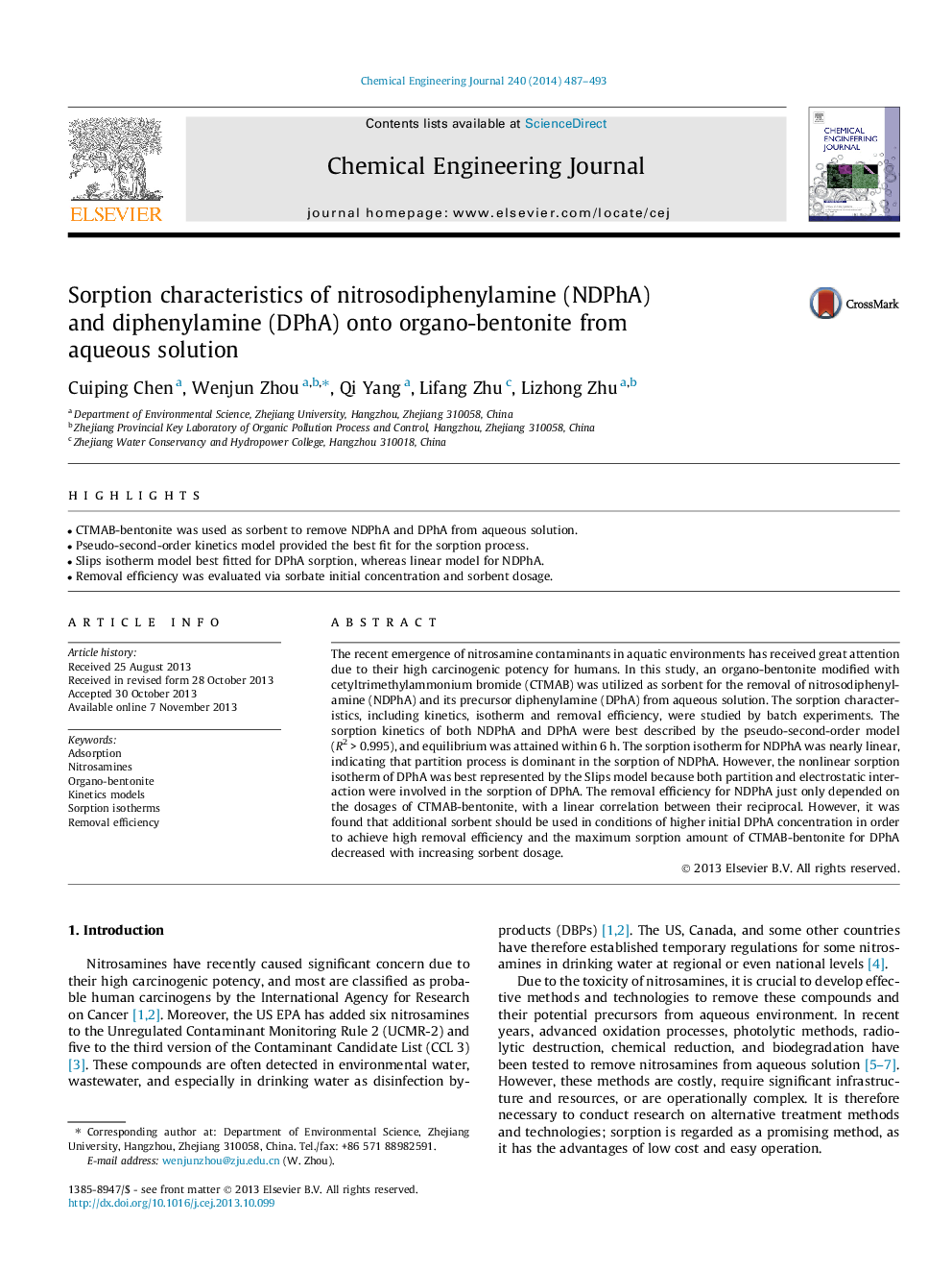 Sorption characteristics of nitrosodiphenylamine (NDPhA) and diphenylamine (DPhA) onto organo-bentonite from aqueous solution