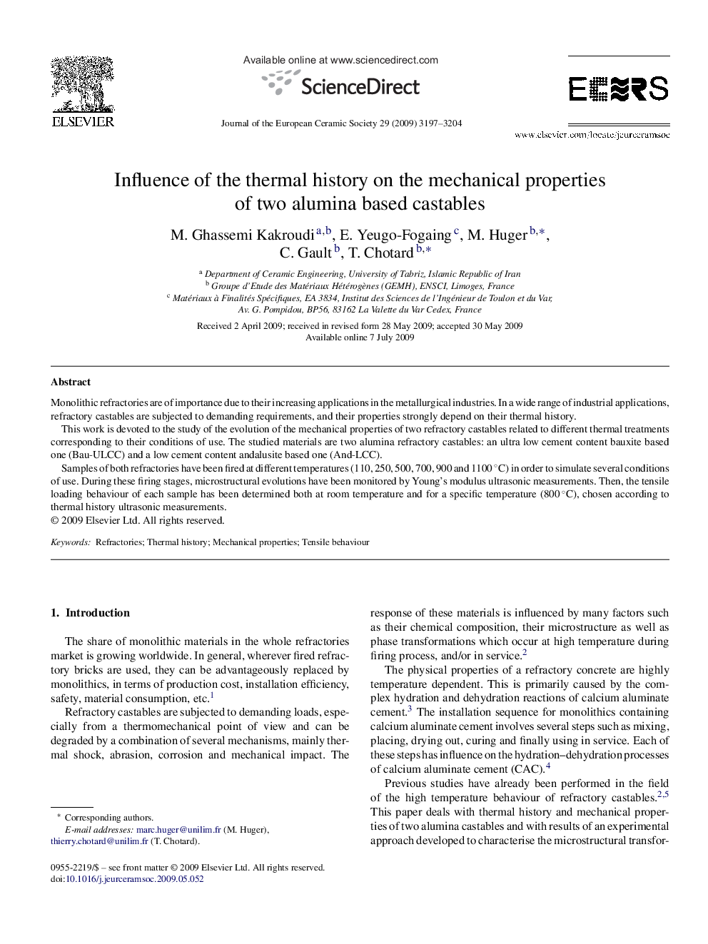 Influence of the thermal history on the mechanical properties of two alumina based castables