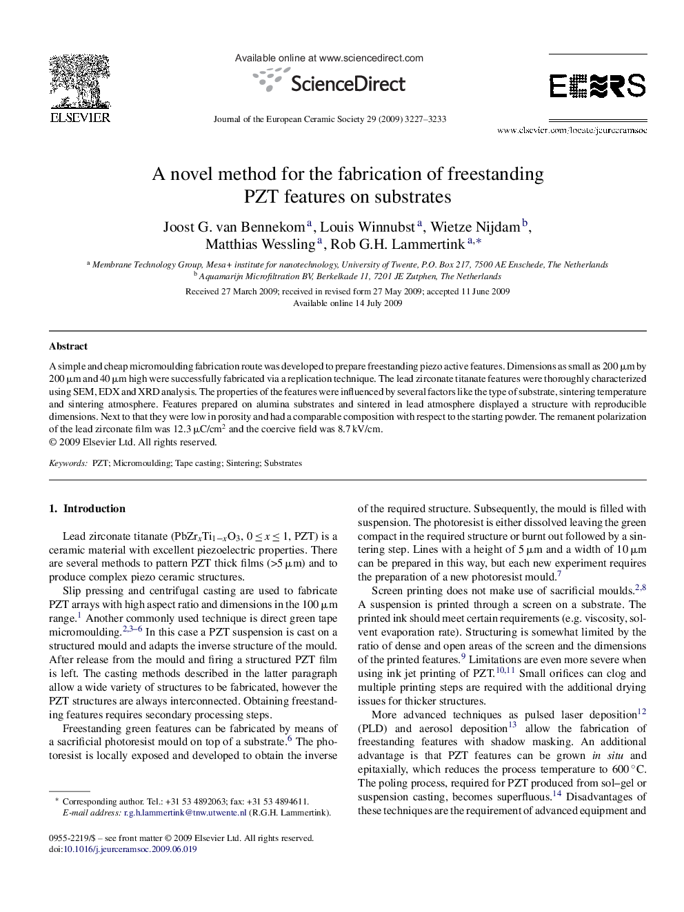 A novel method for the fabrication of freestanding PZT features on substrates