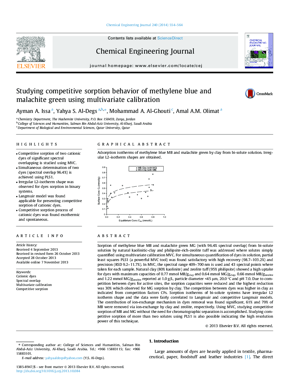 Studying competitive sorption behavior of methylene blue and malachite green using multivariate calibration