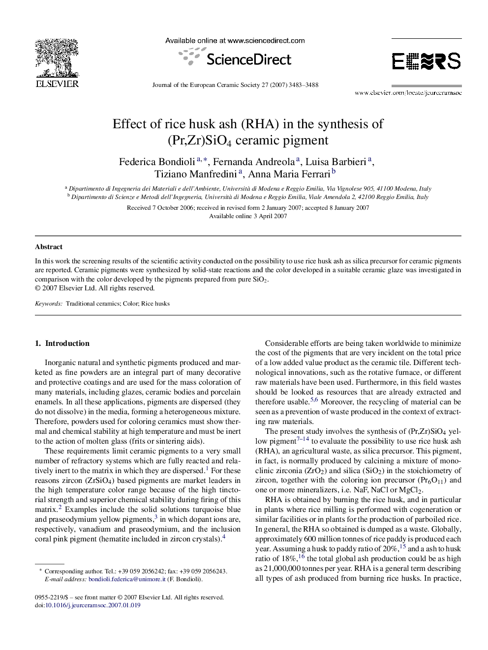 Effect of rice husk ash (RHA) in the synthesis of (Pr,Zr)SiO4 ceramic pigment