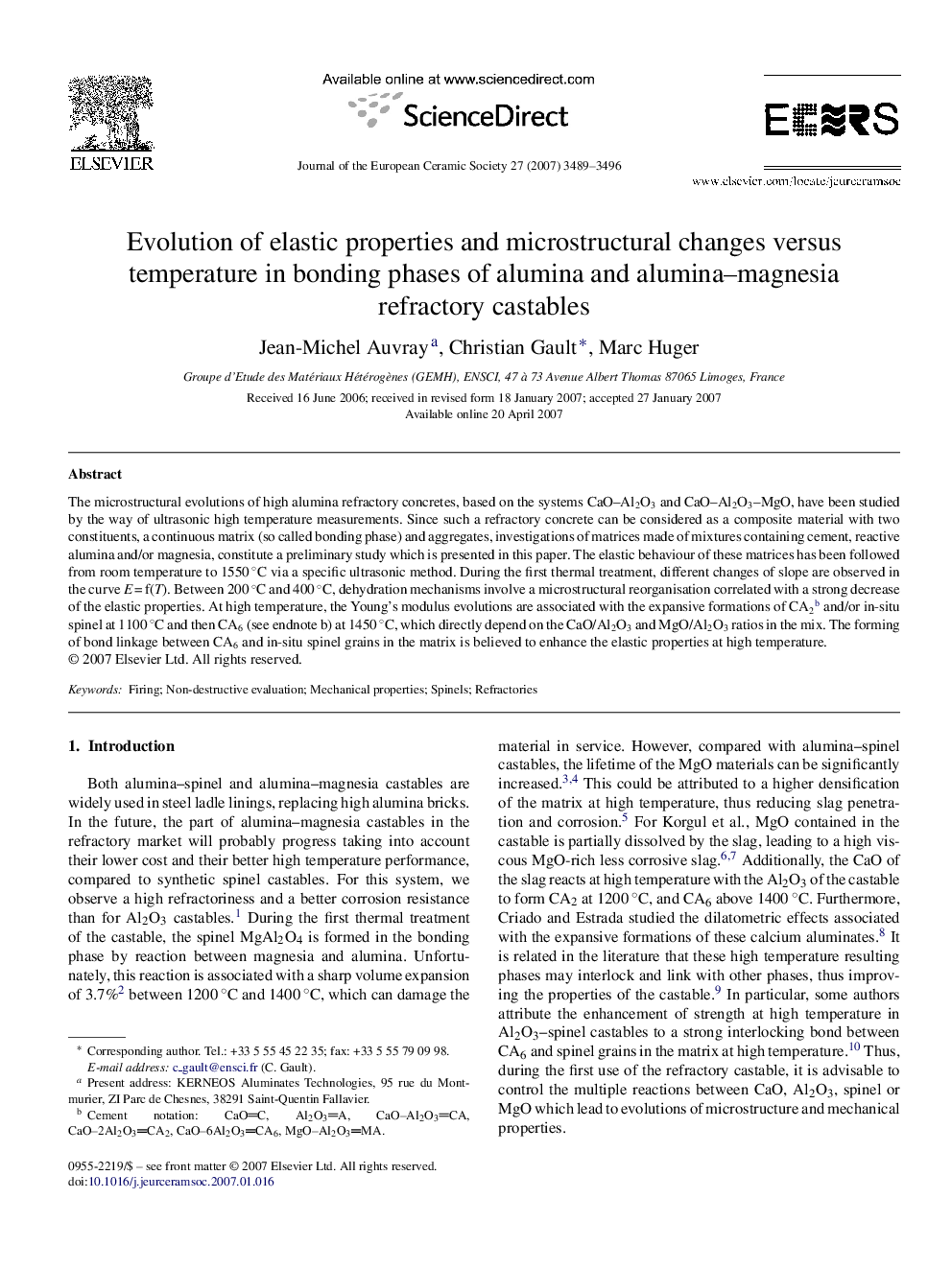 Evolution of elastic properties and microstructural changes versus temperature in bonding phases of alumina and alumina–magnesia refractory castables