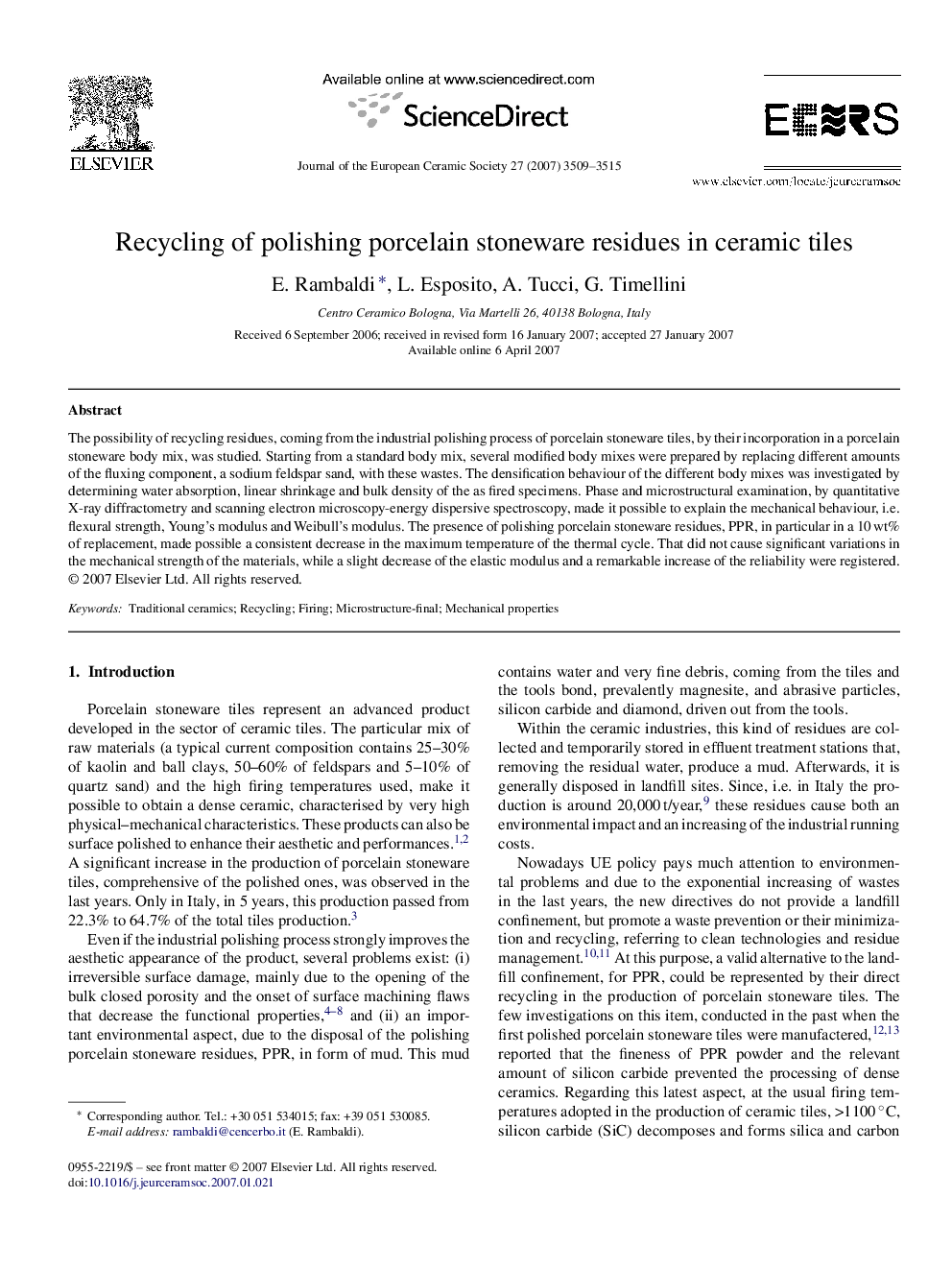 Recycling of polishing porcelain stoneware residues in ceramic tiles