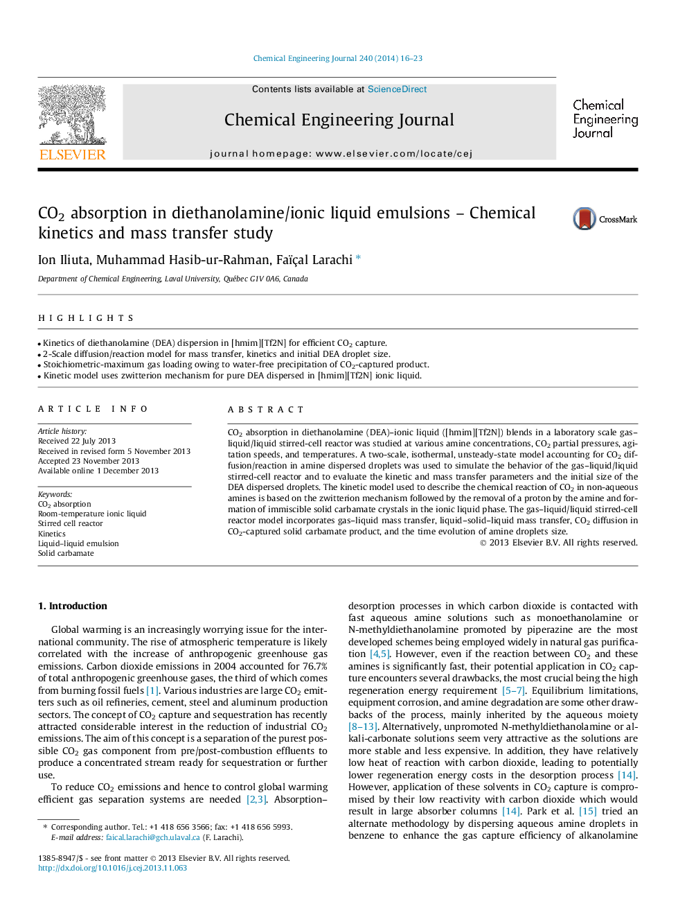 CO2 absorption in diethanolamine/ionic liquid emulsions – Chemical kinetics and mass transfer study