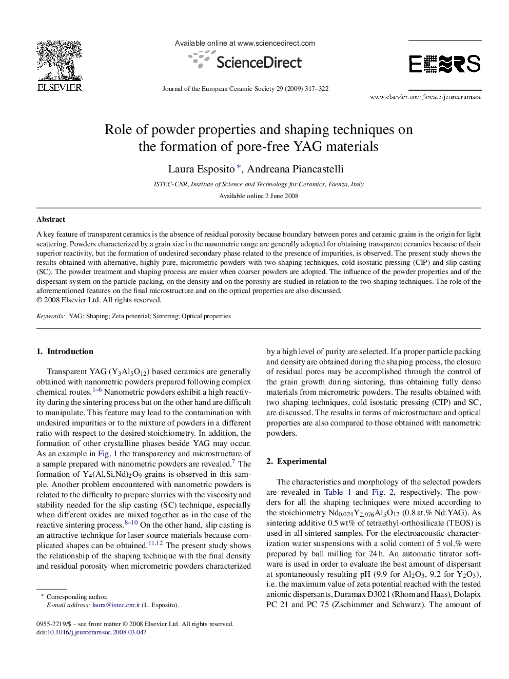 Role of powder properties and shaping techniques on the formation of pore-free YAG materials