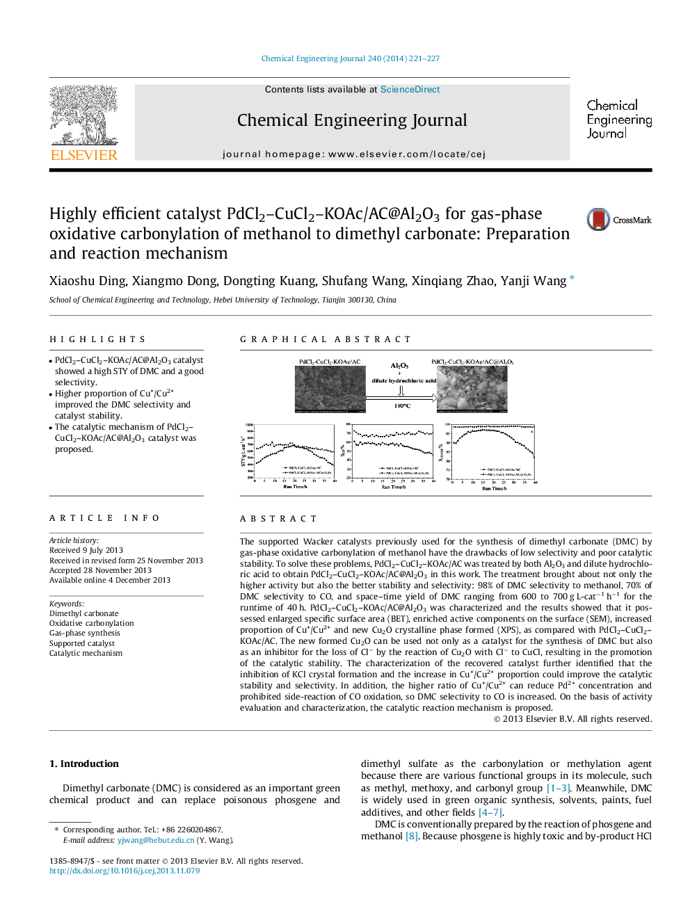 Highly efficient catalyst PdCl2–CuCl2–KOAc/AC@Al2O3 for gas-phase oxidative carbonylation of methanol to dimethyl carbonate: Preparation and reaction mechanism